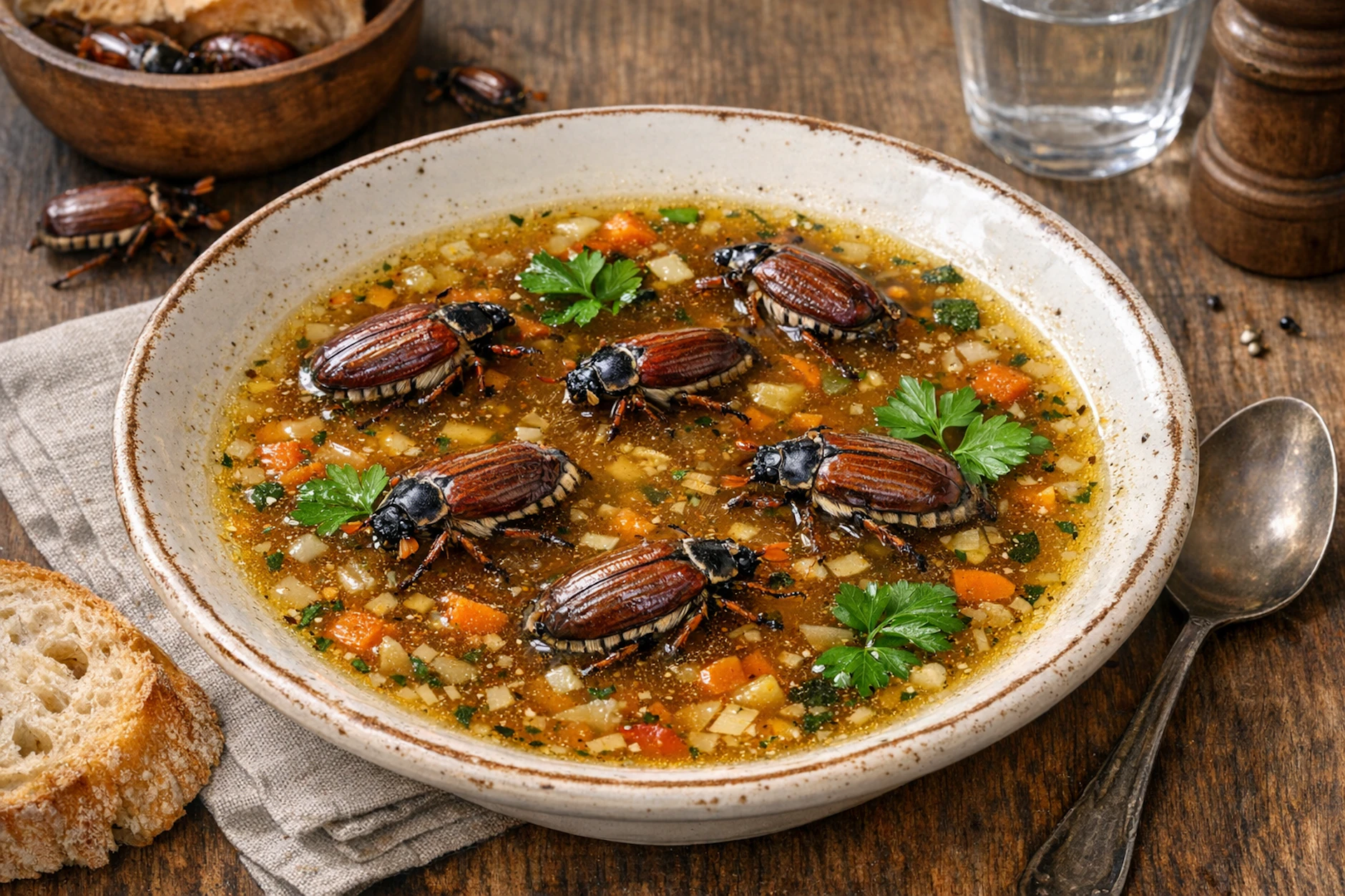 Maiköfer in der Suppe? Davon hat nicht einmal die Künstliche Intelligenz eine klare Vorstellung. So stellt sich die KI das Gericht aus der Vergangenheit vor.