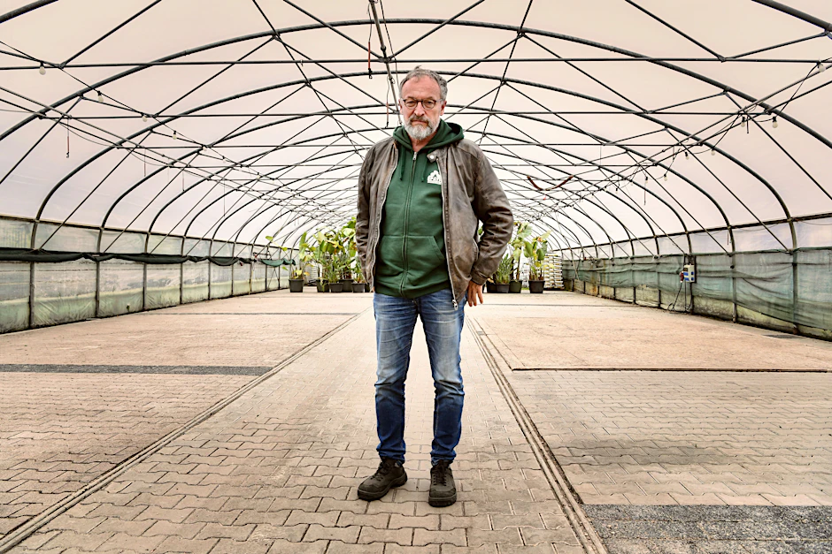 Der Seniorchef Holger Zahn steht in einem Gewächshaus, das einer Schule weichen soll.