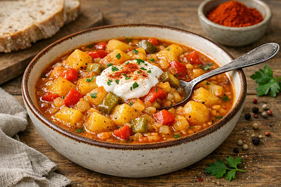 Leckeres Kartoffelragout nach Omas Rezept: Paprika und saure Gurken machen dieses Gericht zu einem echten Topf für Genießer!