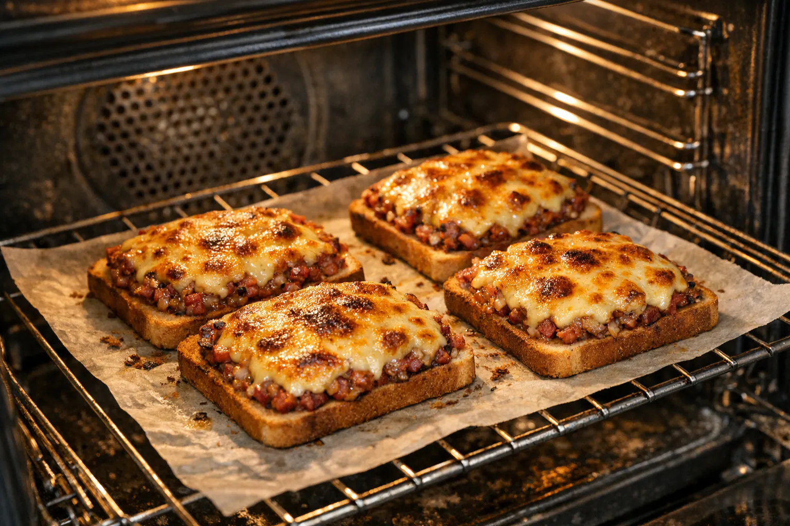 Das Hexenbrot wird im Backofen kross überbacken. Die würzige Schnitte ist die scharfe Version der Karlsbader Schnitte.