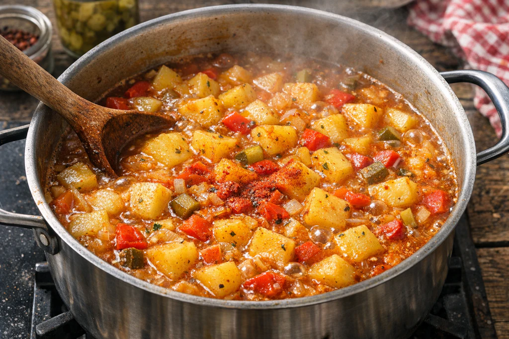 Das Kartoffelragout wird in einem Topf gekocht. Das geht schnell und macht nicht viel Arbeit – deshalb ist Omas Rezept einfach perfekt für den Feierabend.