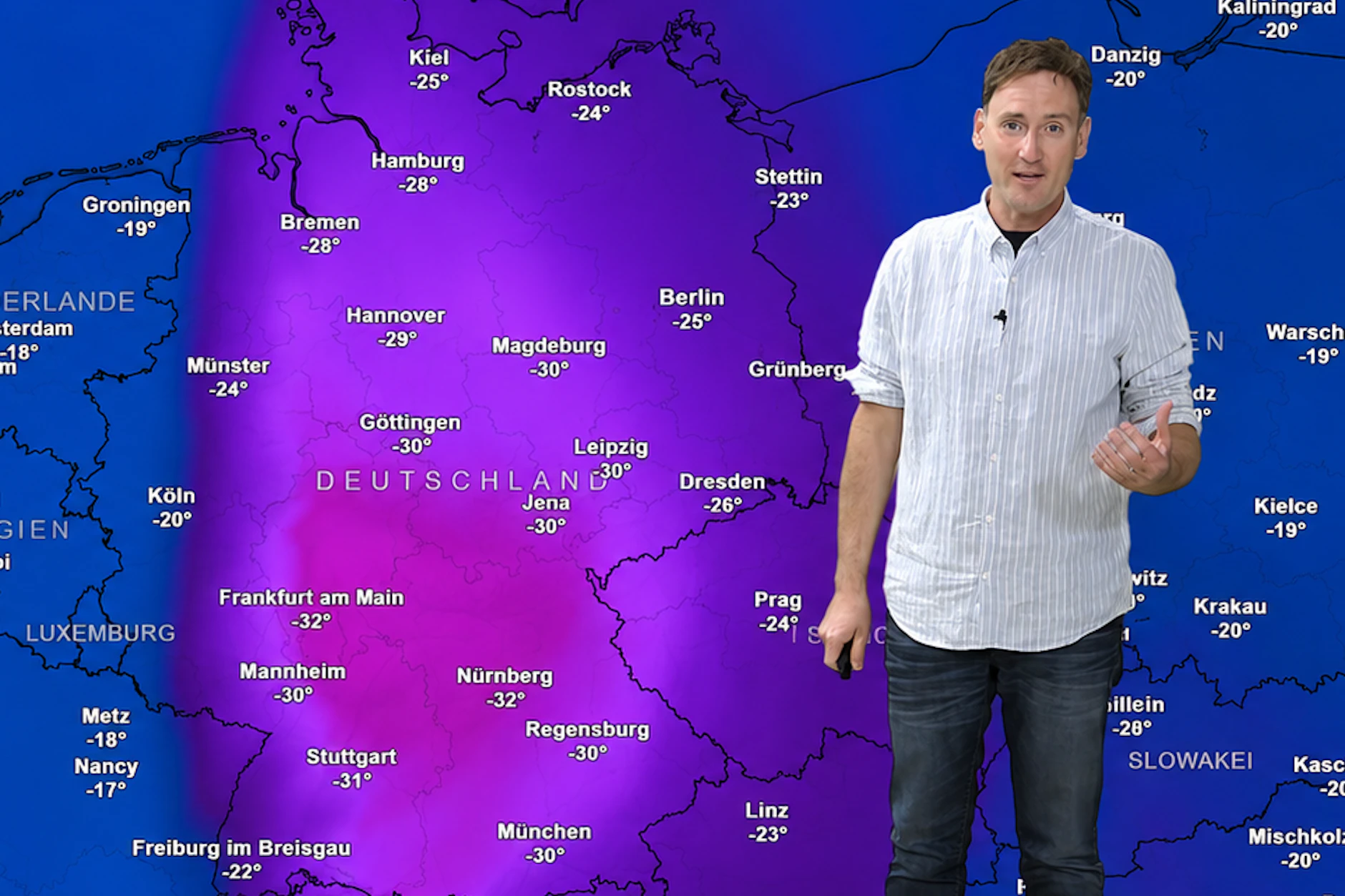 Vorhang auf für den Frost-Schock: Über Deutschland hängt eine arktische Kälteblase fest. Sie bringt Berlin minus 25 Grad, München minus 30 Grad, Frankfurt minus 32 Grad. Zum Glück nur in 5,5 Kilometern Höhe!