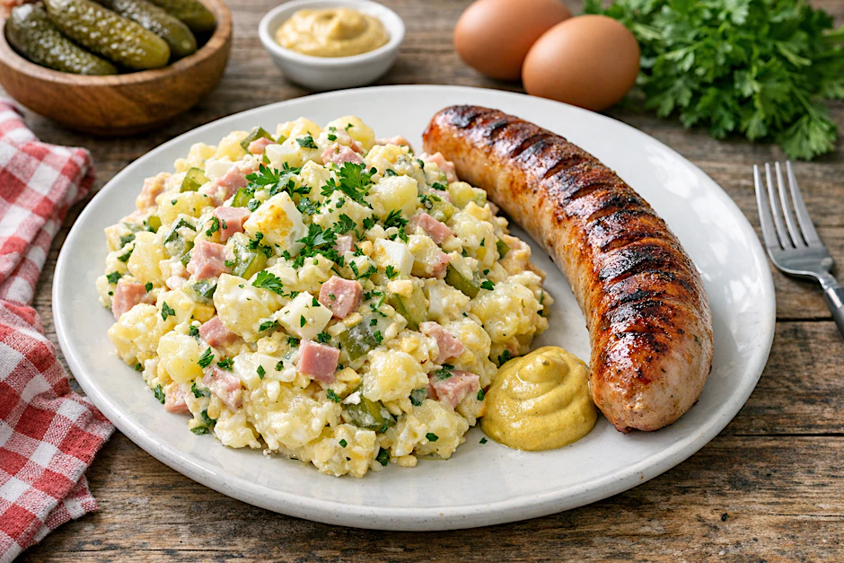 Omas Kartoffelsalat mit Mayonnaise ist der perfekte Begleiter zur Grillwurst. Würzig, deftig und lecker!