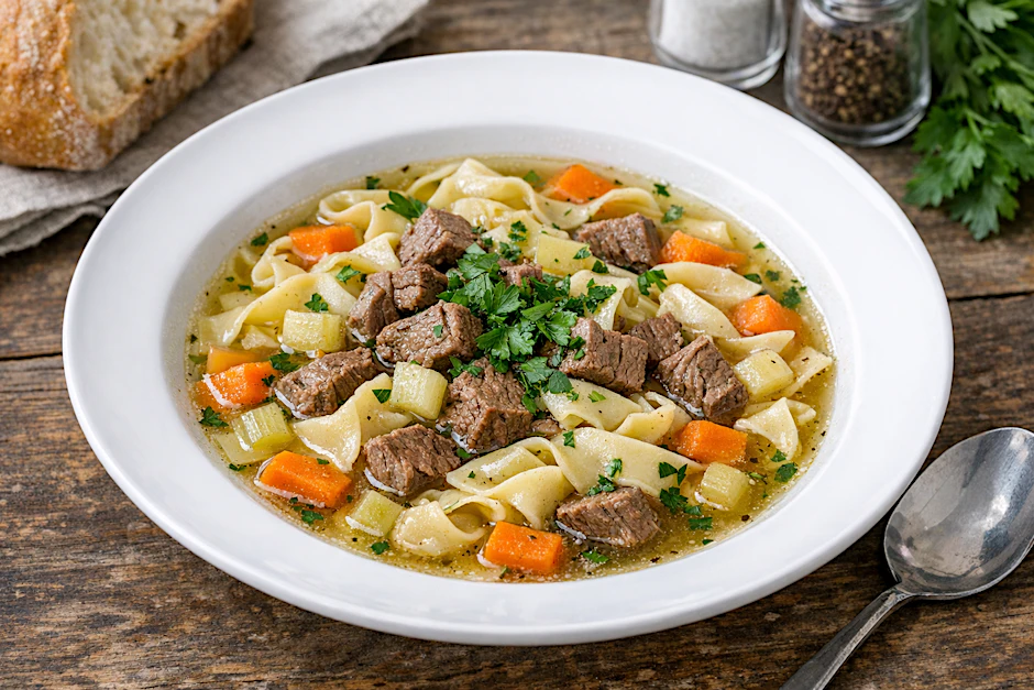 Rindfleisch mit Nudeln: Diese klassische Nudelsuppe von Mutti weckt Erinnerungen an die Kindheit. Das Gericht ist gar nicht schwer zuzubereiten.