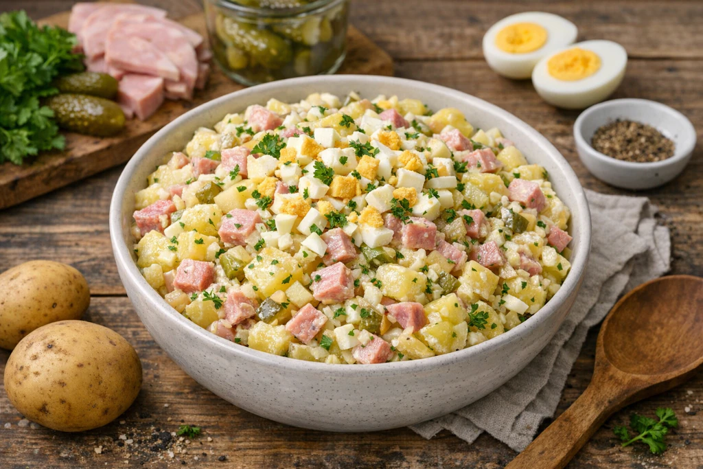 Der klassische Kartoffelsalat von Oma: Drin stecken Kartoffeln, Bierschinken, Gewürzgurken, Eier und Mayonnaise.
