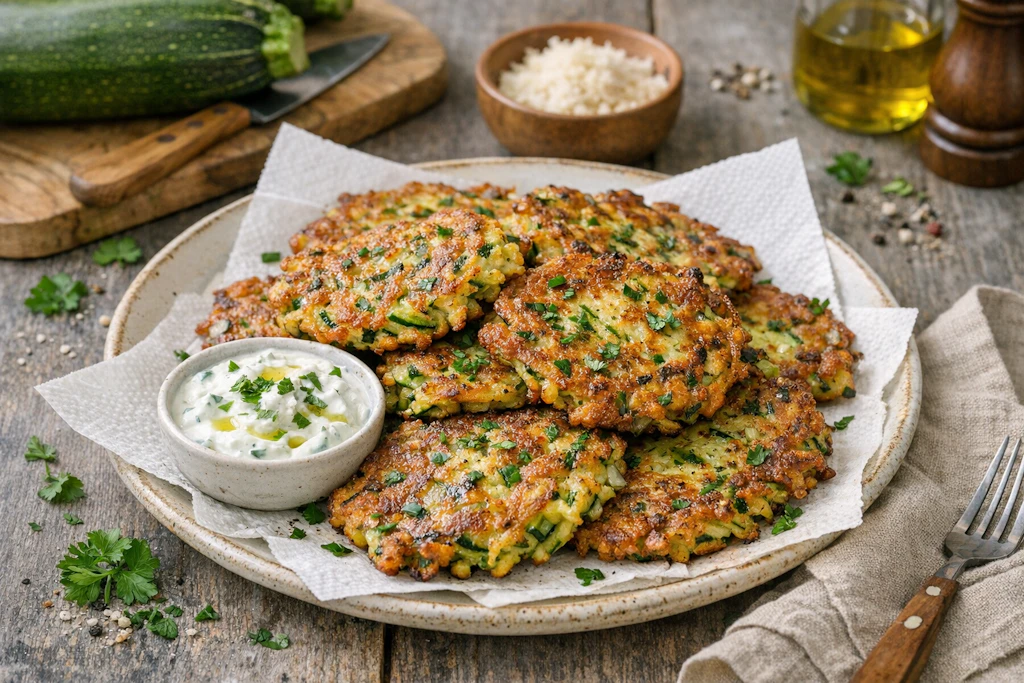Lecker und sommerlich: zucchinipuffer mit Quark sind ein leichtes Gericht für die warme Jahreszeit.