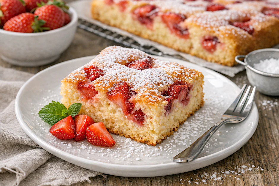 Dieser Erdbeerkuchen ist superschnell gemacht und durch die Früchte im Teig unglaublich saftig. Mit Puderzucker oder Zuckerguss ist er ein echtes Highlight auf der Kaffeetafel!