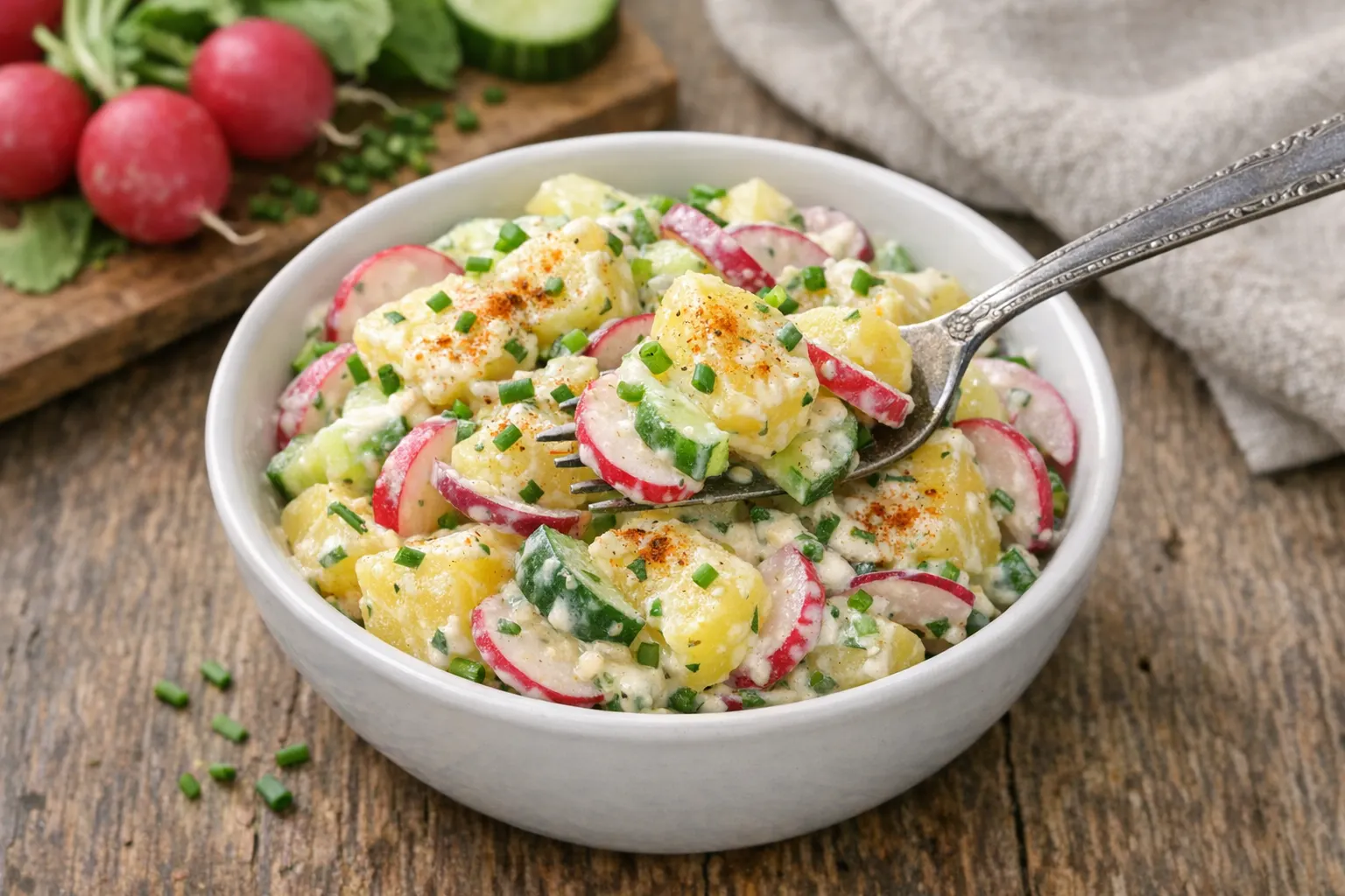 Der Frühlings-Kartoffelsalat ist herrlich frisch. Wenn es draußen warm ist, schmeckt er gut gekühlt besonders gut.