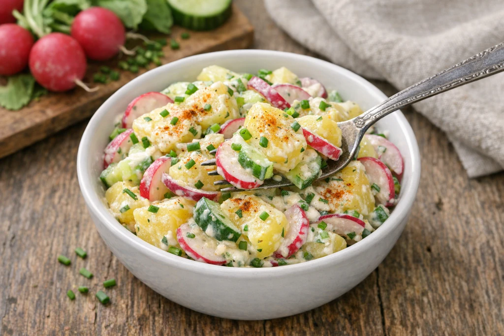Frühlings-Kartoffelsalat: Schlank-Rezept mit Gurke und Radieschen