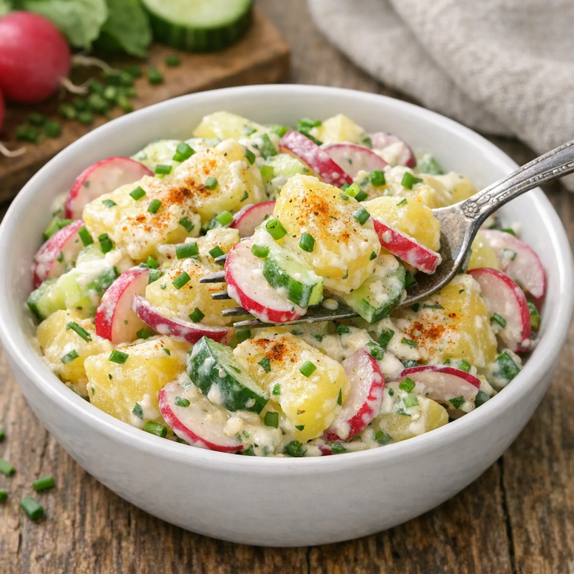 Frühlings-Kartoffelsalat: Schlank-Rezept mit Gurke und Radieschen
