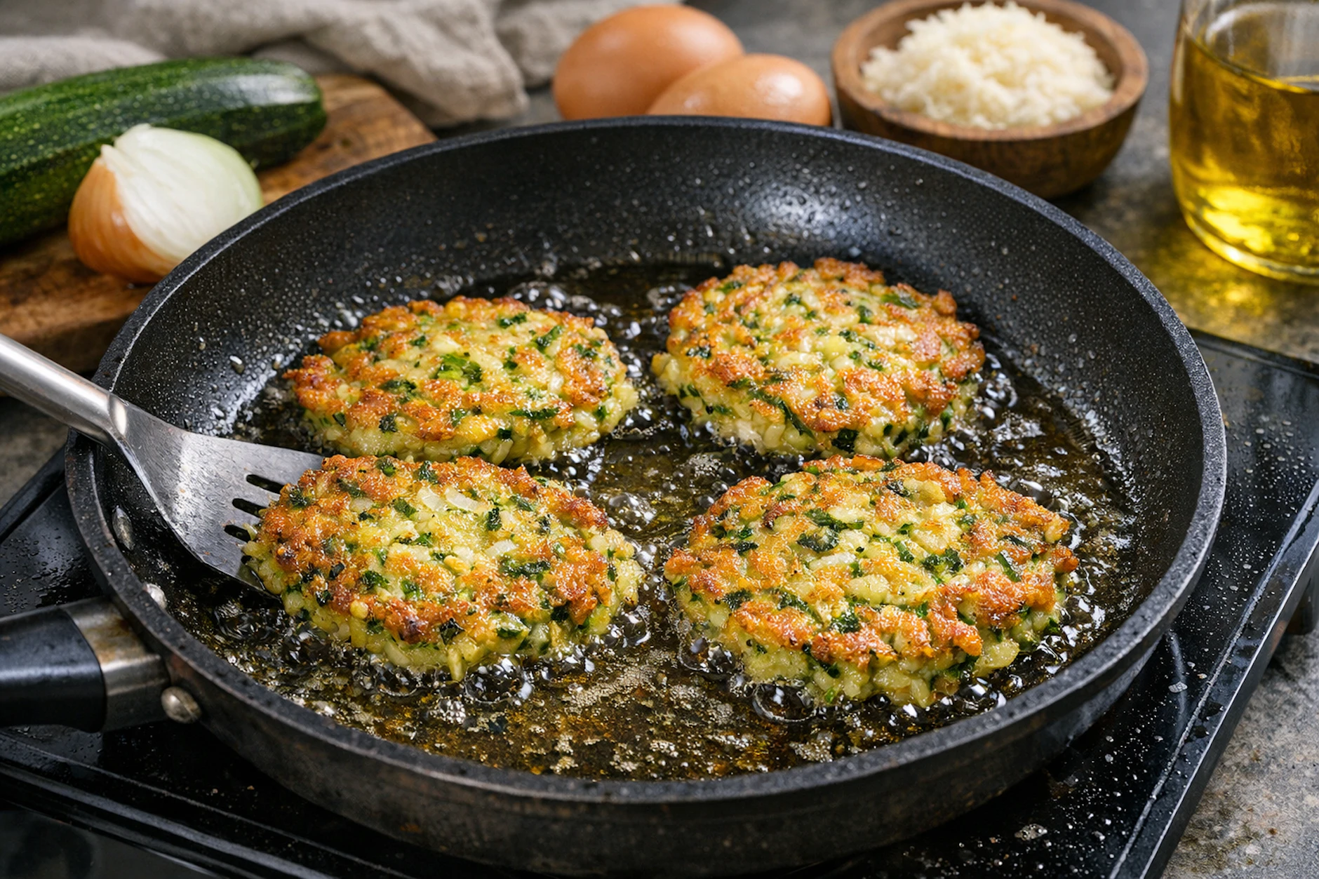 Leckere Zucchinipuffer: In der Pfanne werden sie knusprig angebraten und dann mit Kräuterquark oder einem anderen Dip serviert.
