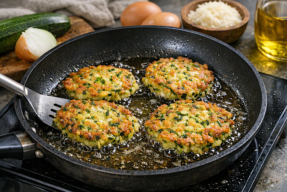 Leckere Zucchinipuffer: In der Pfanne werden sie knusprig angebraten und dann mit Kräuterquark oder einem anderen Dip serviert.