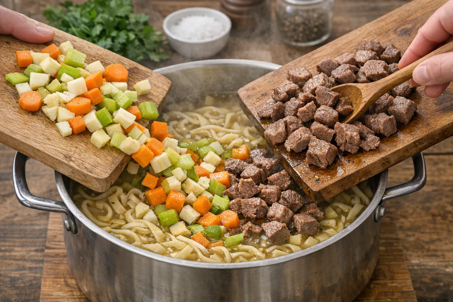 Die Zutaten werden in einem Topf miteinander kombiniert - schon ist die rindfleischsuppe mit Nudeln fertig.