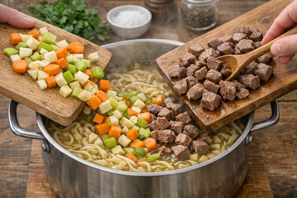 Die Zutaten werden in einem Topf miteinander kombiniert - schon ist die rindfleischsuppe mit Nudeln fertig.