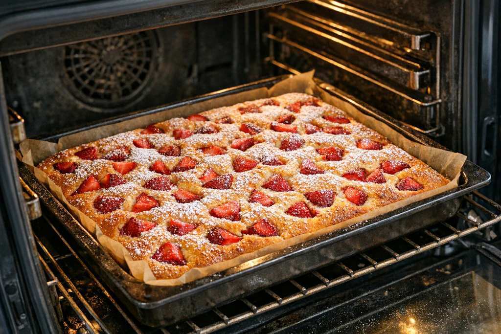 Im Backofen wird der Eredbeerkuchen gebacken - dann muss er nur noch abkühlen, bevor er genossen werden kann.