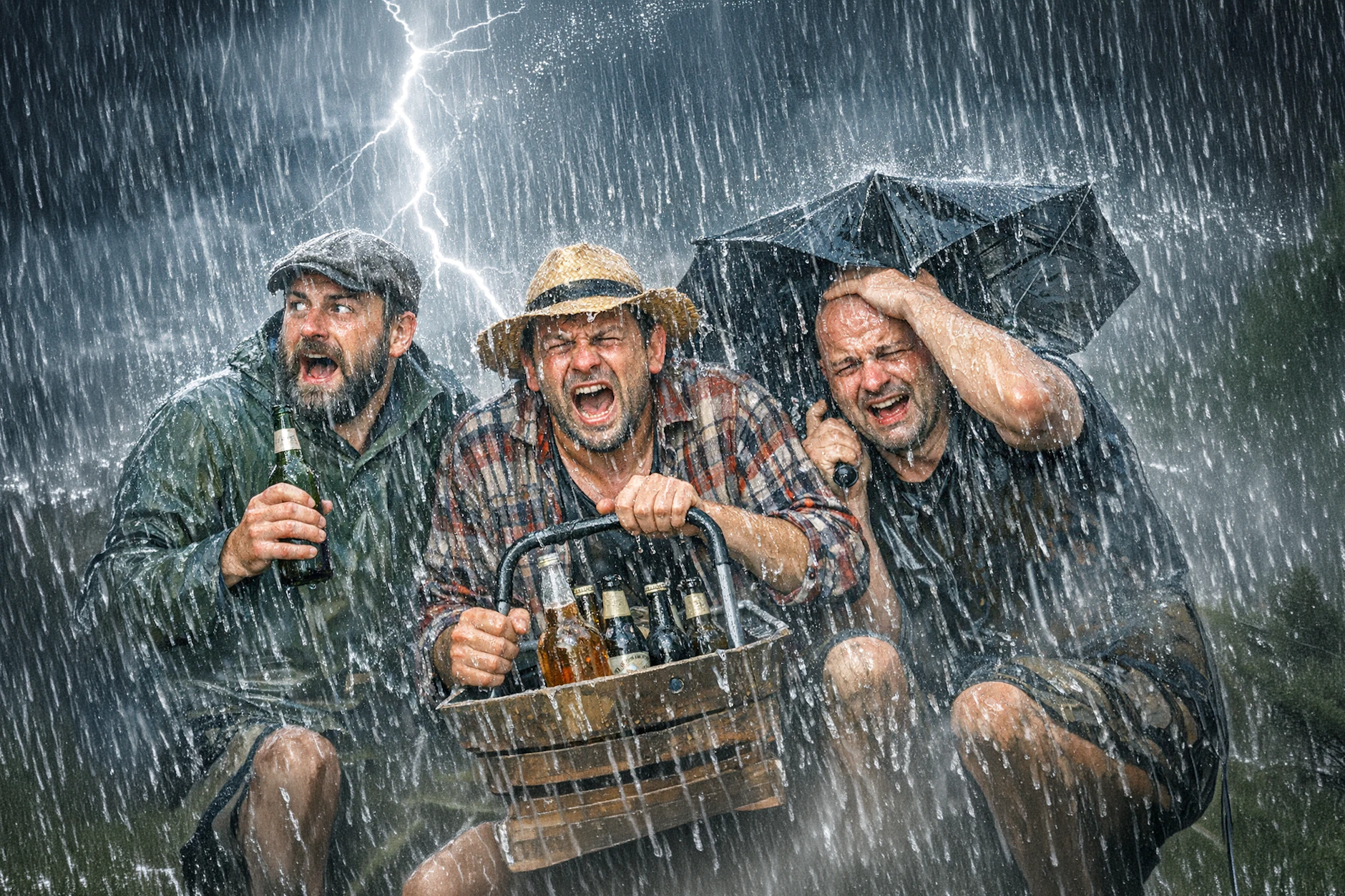Feuchtfröhlich, aber von oben: So stellt sich die Künstliche Intelligenz das Wetter am Herrentag vor. Regional soll es Starkregen und Gewitter geben.