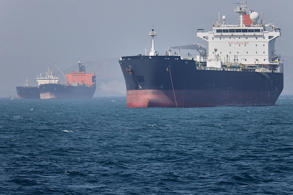 Öltanker liegen in der Straße von Hormuss vor Bandar Abbas, Iran, vor Anker.