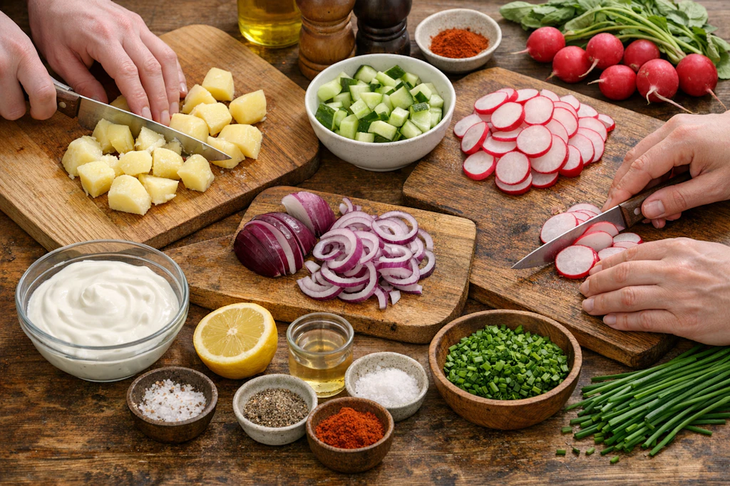 Den frühlingshaften Kartoffelsalat kann man auch schön gemeinsam zubereiten, denn das Schnippeln der Zutaten nimmt schon etwas Zeit in Anspruch.
