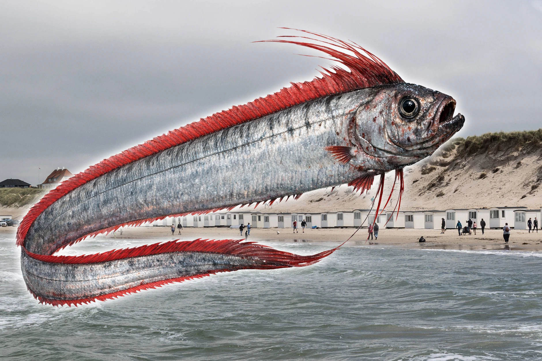 Von Riemenfischen gibt es nur sehr wenig Fotos - die Illustration zeigt, wie die Tiere aussehen. Ein großes Exemplar ist jetzt an einem Strand in Dänemark angespült worden.