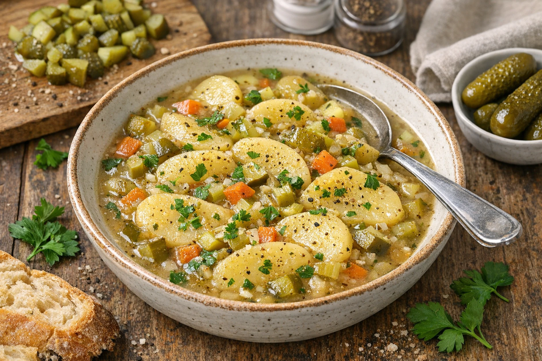 Genießen Sie die sauren Kartoffelstückchen von Oma zum Abendessen wie einen Eintopf. Guten Appetit!