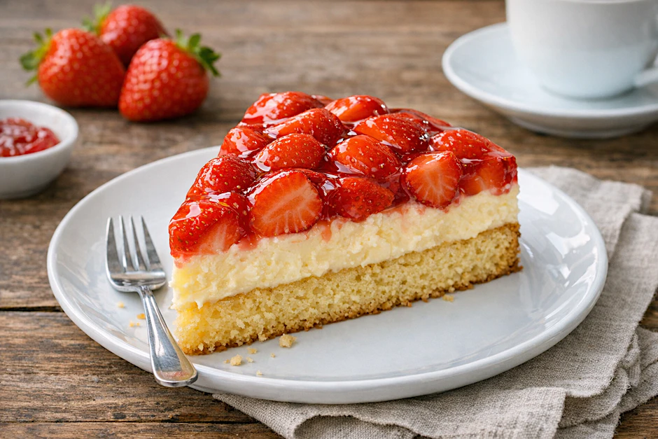 Der beste Erdbeerkuchen mit Pudding: Lockerer Boden, süße Creme und fruchtige Erdbeeren machen diese simple Torte zum Genuss.