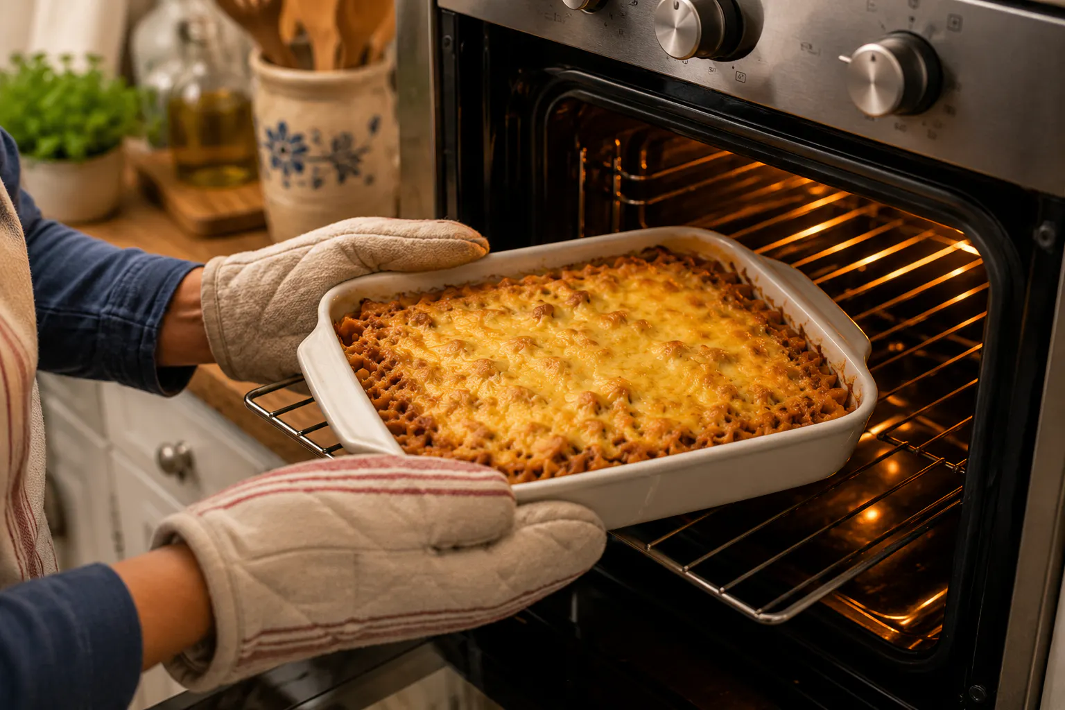 Den Auflauf wird 30 Minuten lang bei 180 bis 200 Grad (Ober-/Unterhitze) bzw. 170 bis 180 Grad (Umluft) im Backofen backen.
