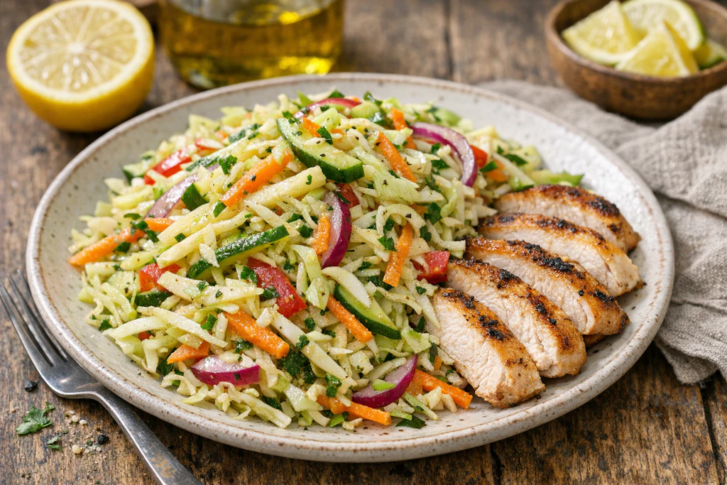 Für angebratenem Hühnchen wird der Iss-dich-schlank-Salat zum echten Wohlfühl-Essen. Probieren Sie das edle Sommergericht mal aus!