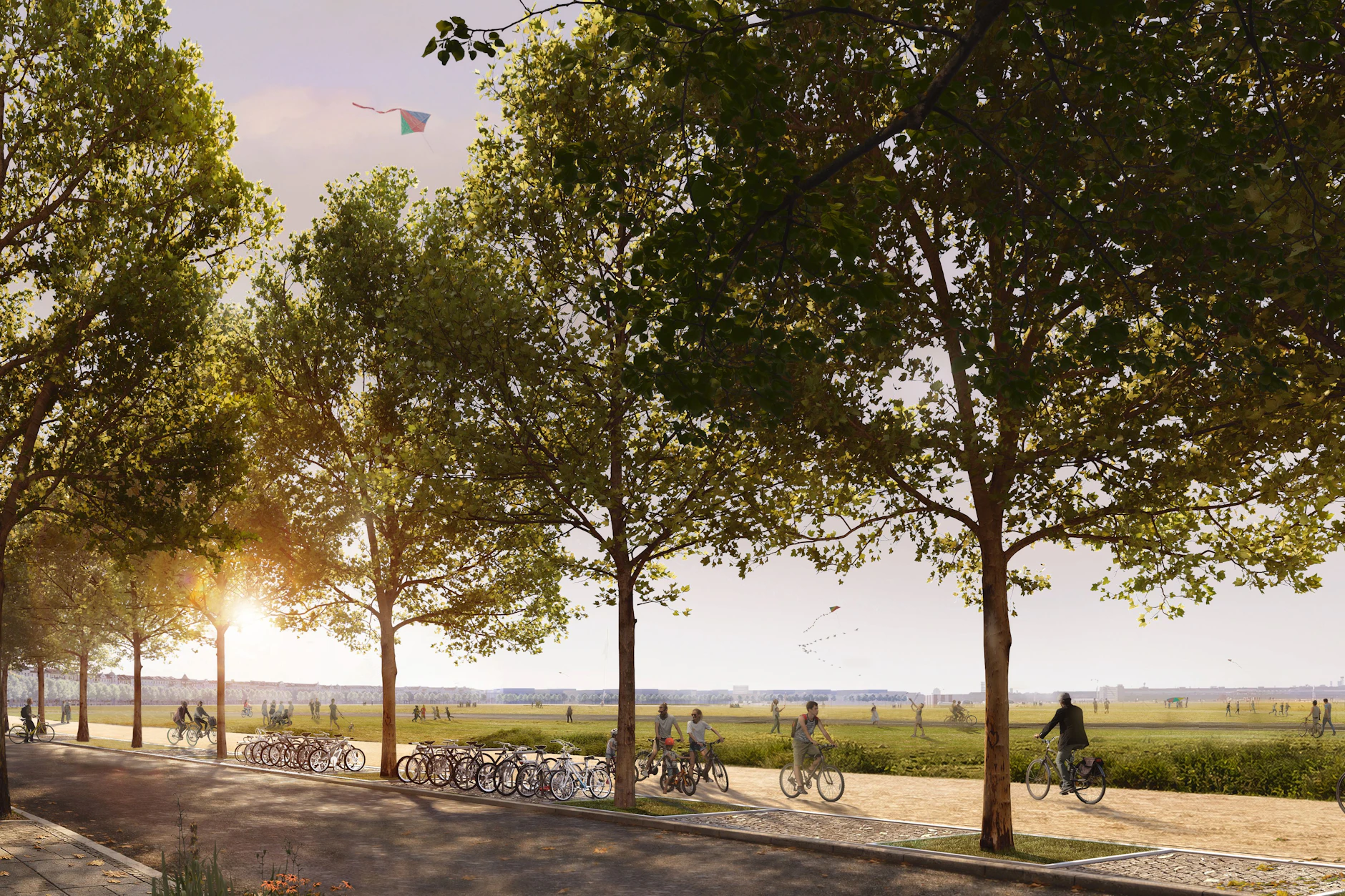Eine Promenade mit Platanen soll alle Quartiere am Tempelhofer Feld verbinden.