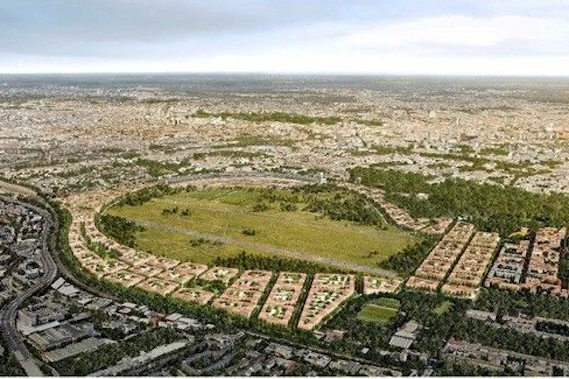 So stellt sich die Initiative die Randbebauung am Tempelhofer Feld vor, die Grünfläche bleibt im Zentrum erhalten.