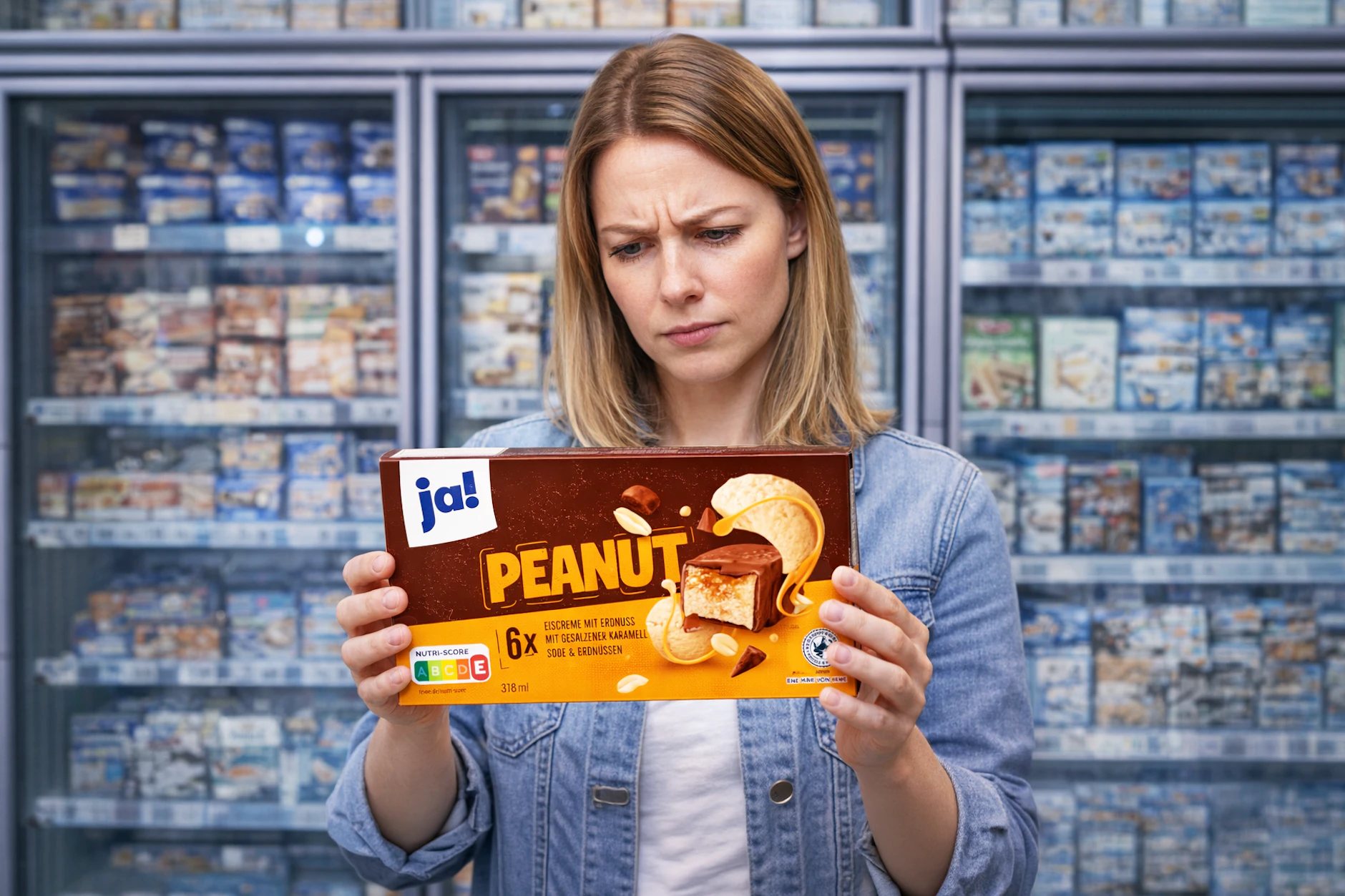 Eine Kundin hält im Supermarkt eine Packung Eisriegel Peanut in der Hand (KI-Illustration). Die Verbraucherzentrale kritisiert das Produkt für sogenannte Shrinkflation.