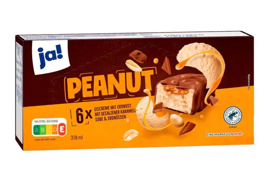 Rewe hat den Eisriegel Peanut im Sortiment. In der neuen Version sind sechs statt bisher fünf Riegel in der Packung.