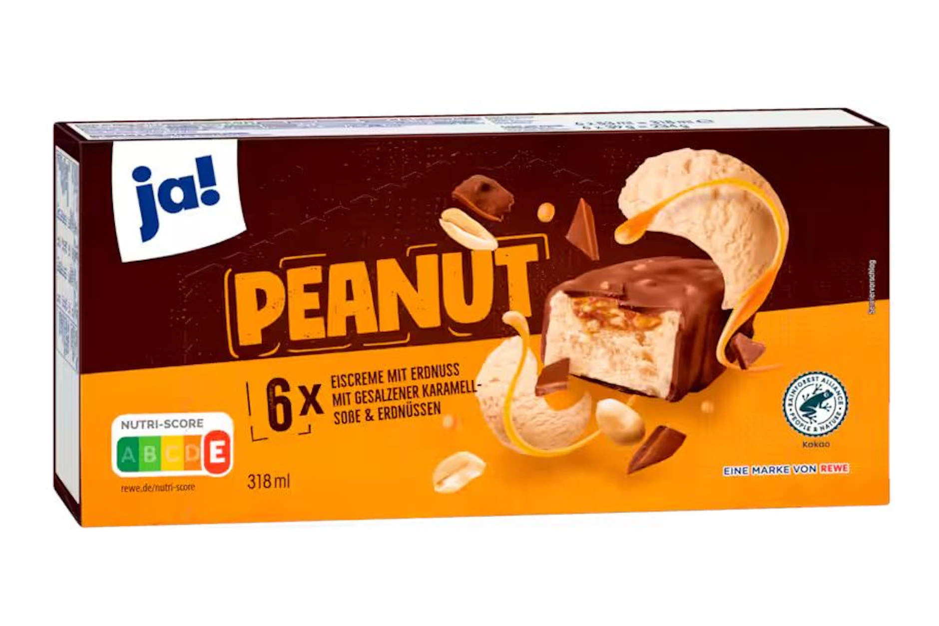 Rewe hat den Eisriegel Peanut im Sortiment. In der neuen Version sind sechs statt bisher fünf Riegel in der Packung.