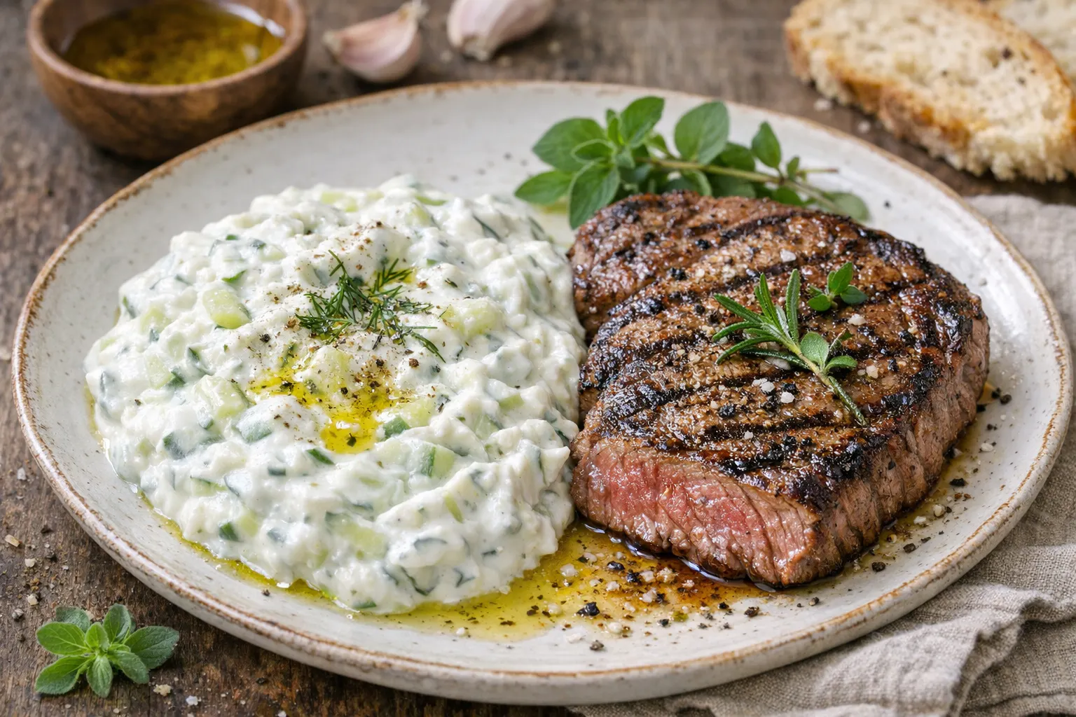 Frisches Zaziki schmeckt als Beilage zum Fleisch vom Grill einfach hervorragend. Sommerlicher kann es auf dem Grillteller nicht mehr werden!