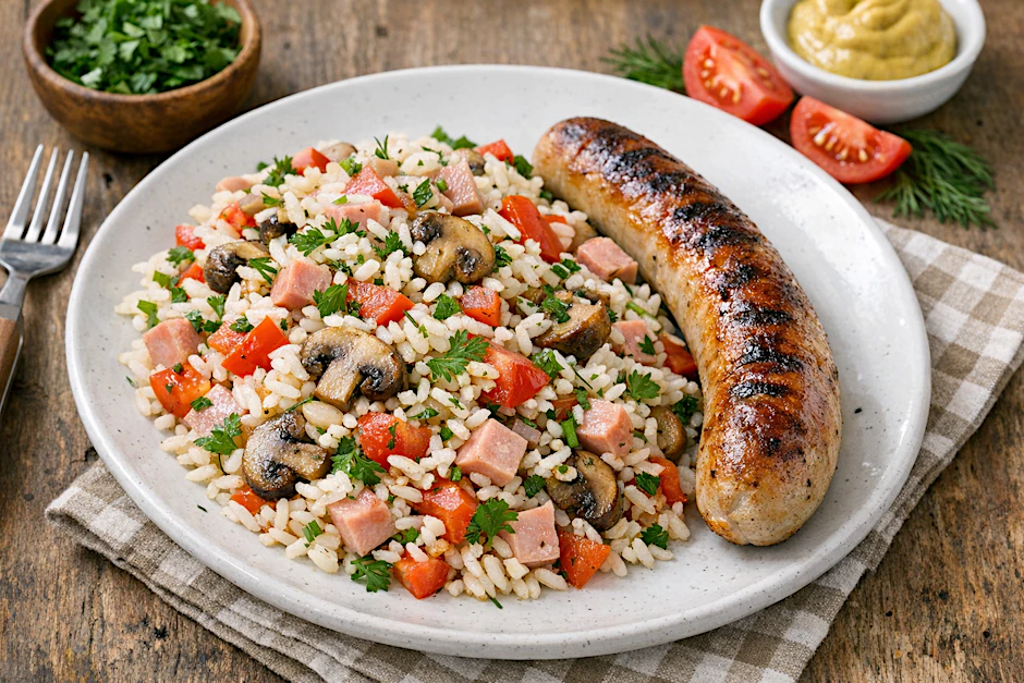 Es muss zur Bratwurst nicht immer Kartoffelsalat sein. Auch ein einfacher Reissalat kann köstlich schmecken und etwas Abwechslung aufs Grillbuffet bringen.
