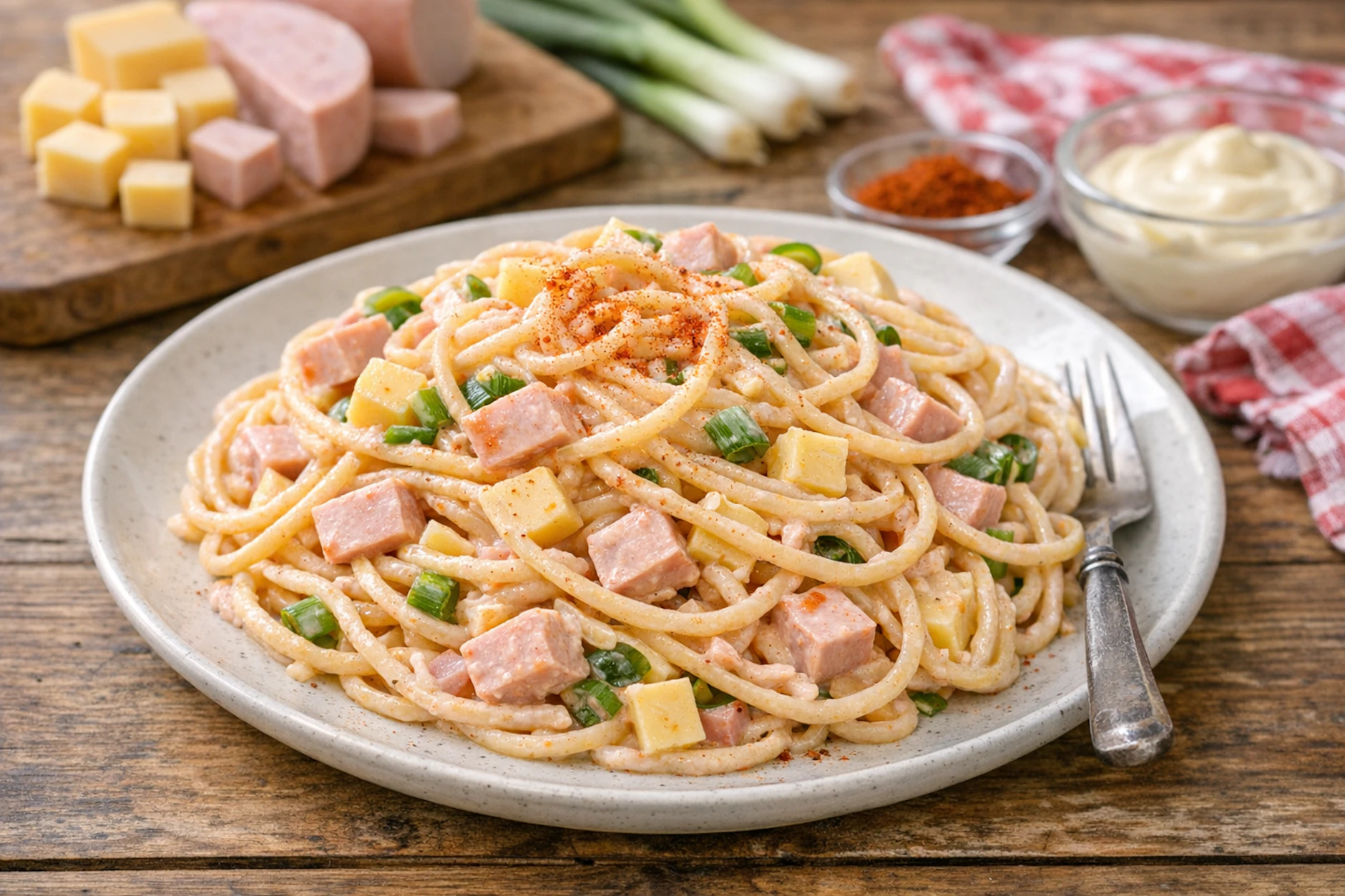 Ein Teller mit Spaghettisalat: Diesen leckeren Nudelsalat muss man nicht nur als Beilage servieren. Man kann ihn auch einfach so essen.