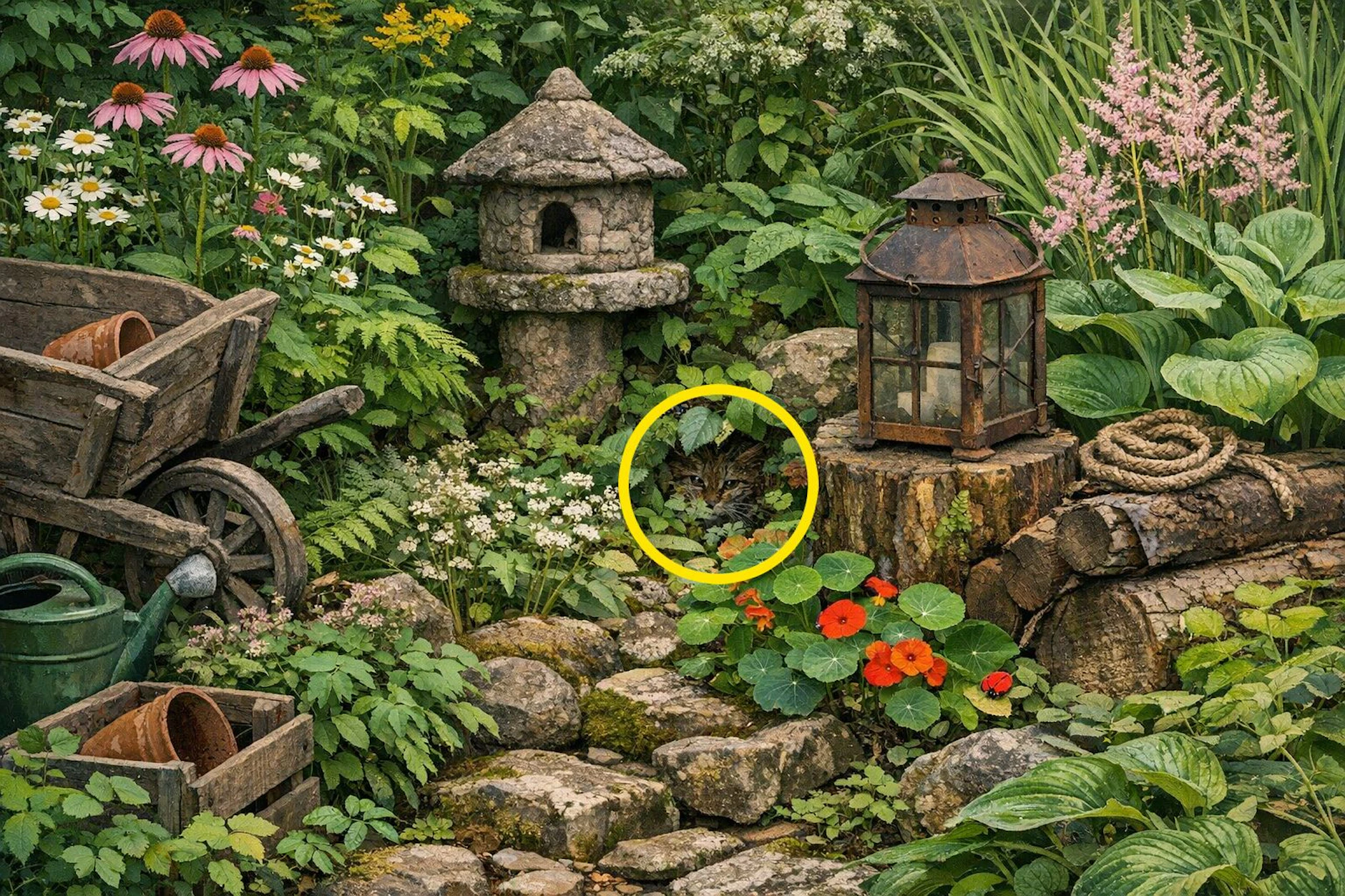 Hier sehen sie, wo in unserem Suchbild die kleine Katze versteckt ist. Haben Sie sie entdeckt?
