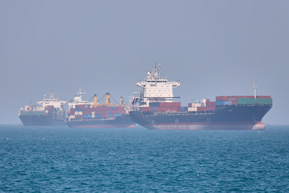 Containerschiffe liegen in der Straße von Hormus vor Bandar Abbas, Iran, vor Anker.