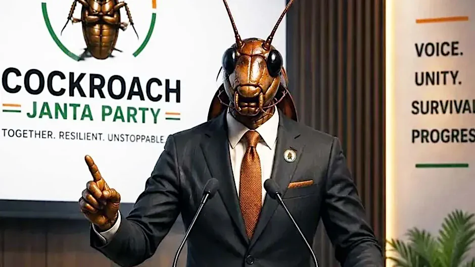 Die „Cockroach Janta Party“ verwendet KI-generierte Videos und Bilder, um auf den Frust der Generation Z aufmerksam zu machen.
