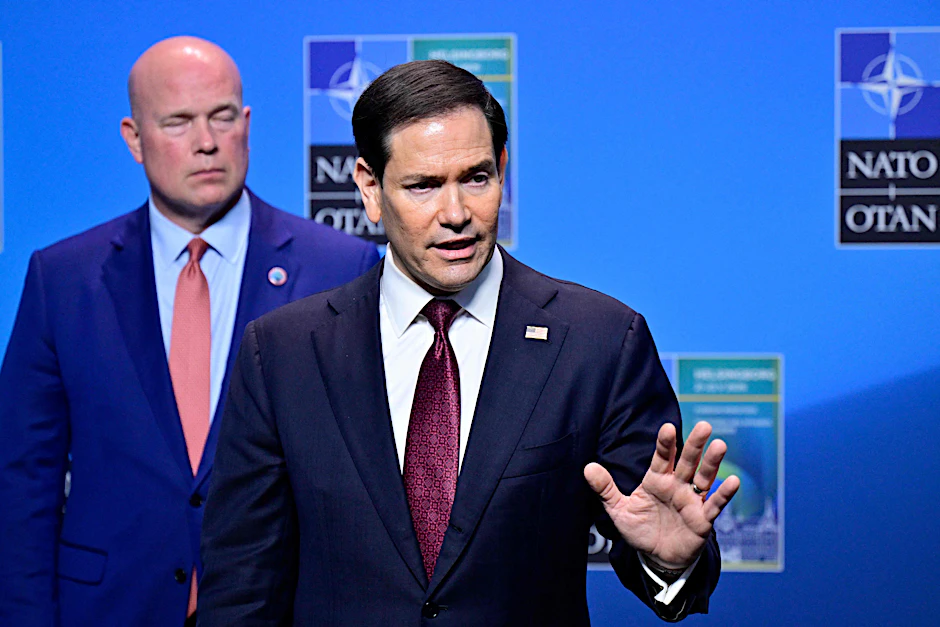 Marco Rubio spricht nach dem Treffen der Nato-Außenminister in Helsingborg mit der Presse.