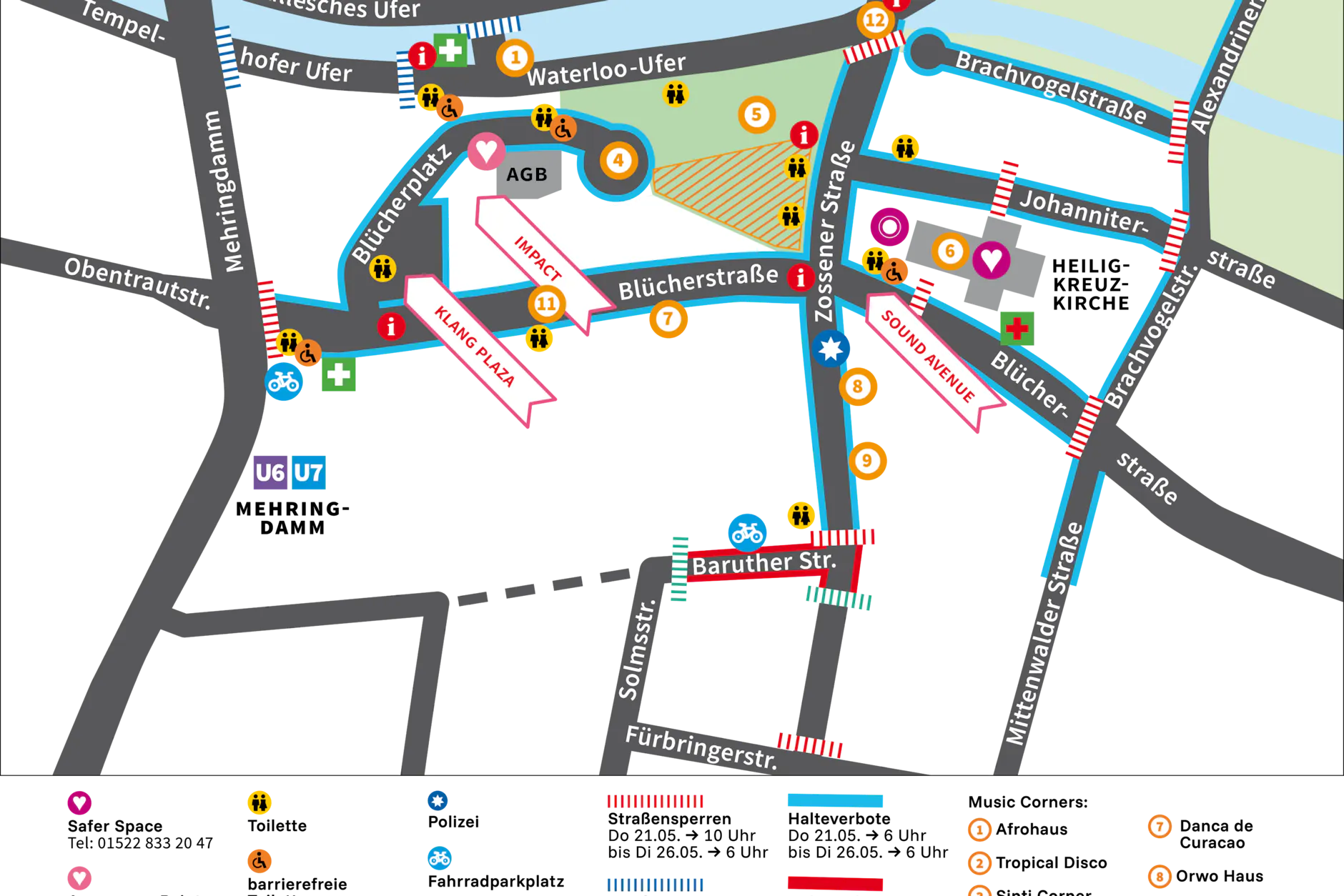 Die Karte zeigt, welche Straßen für „Karneval der Kulturen“ gesperrt sind.