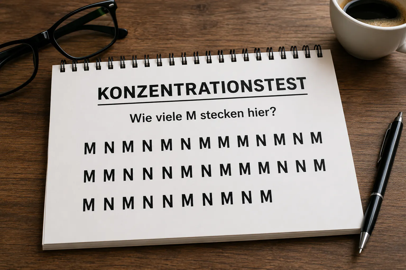 In dieser Runde muss man blitzschnell alle Buchstaben M zählen. Setzen Sie sich ein Zeitlimit. Schaffen Sie es in 10 Sekunden, 15 oder 20?