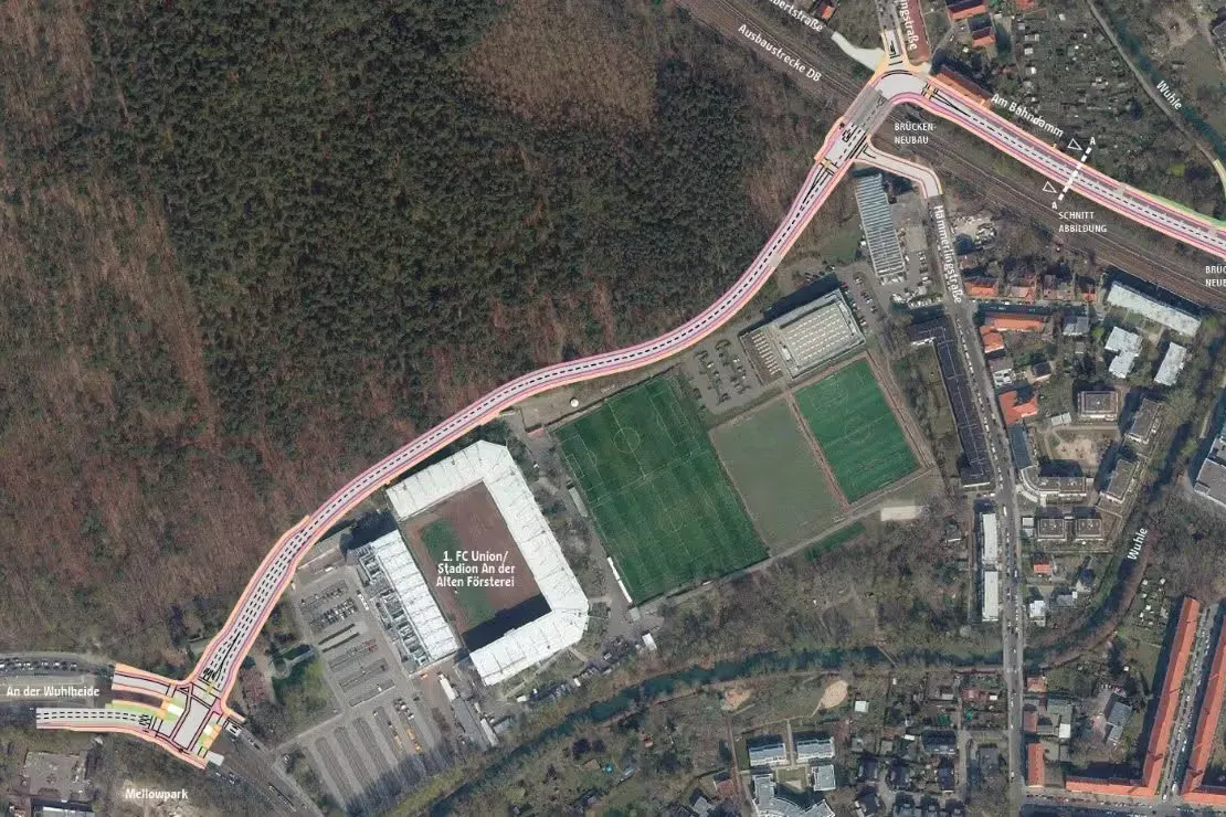 Die Karte zeigt, wie die neue Trasse an der Straße Am Bahndamm mit den beiden Tunneln startet und entlang des Geländes des 1. FC Union zur Straße An der Wuhlheide führt.