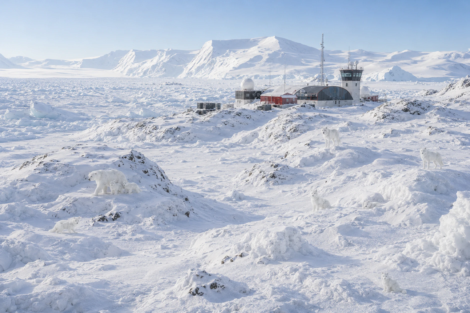 Je drei Eisbären, Polarfüchse und Polarwölfe verstecken sich in der eisigen, schneebedeckten Landschaft.