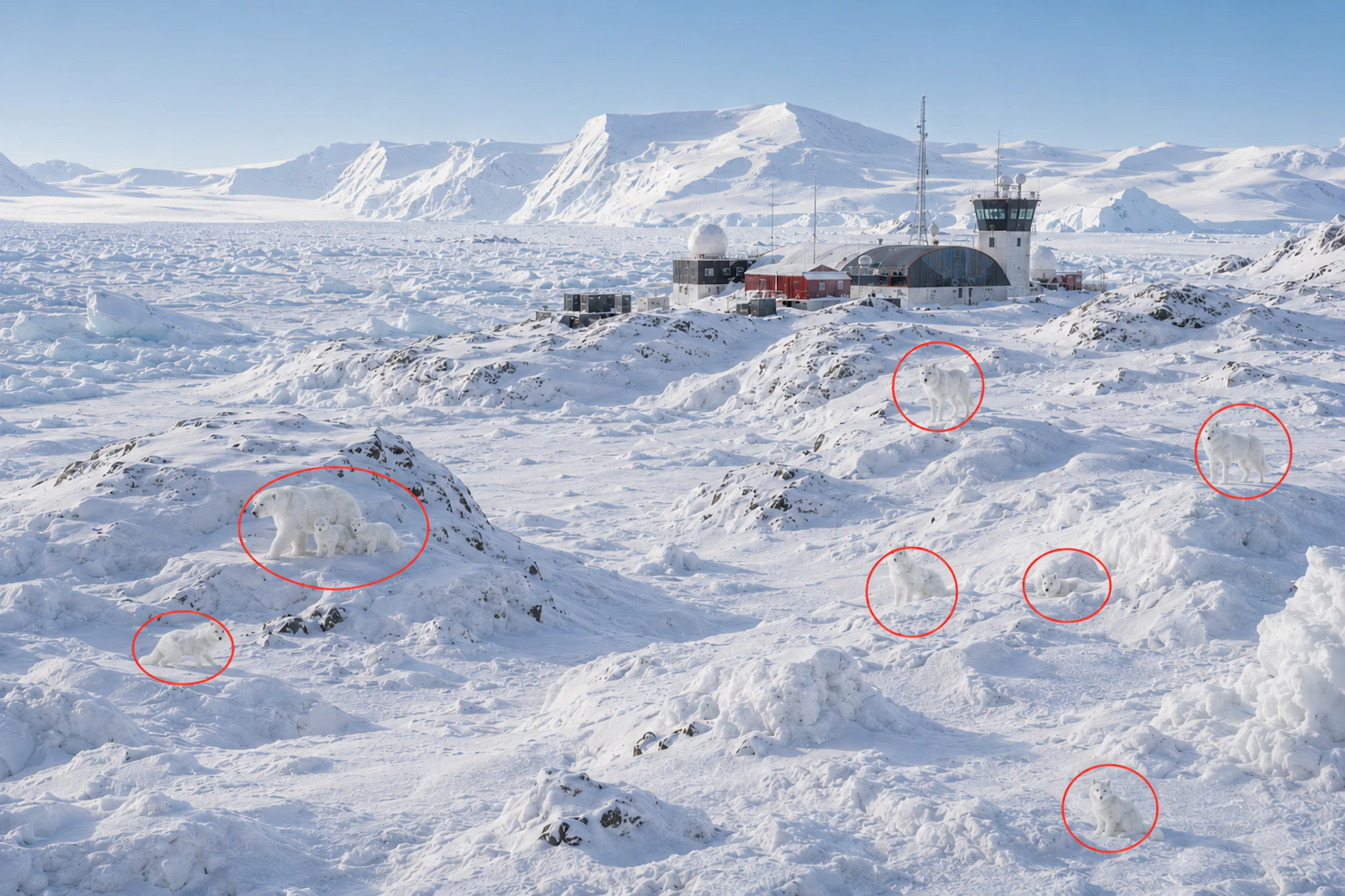 Hier sehen Sie, wo in unserem Suchbild Eisbären, Polarwölfe und Polarfüchse versteckt sind. Haben Sie sie entdeckt?