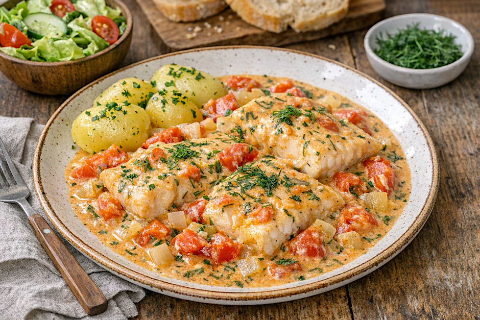 Lecker und deftig: Rostocker Tomatenfisch mit Salzkartoffeln. Das Fischgericht schmeckt im Sommer ganz besonders gut.