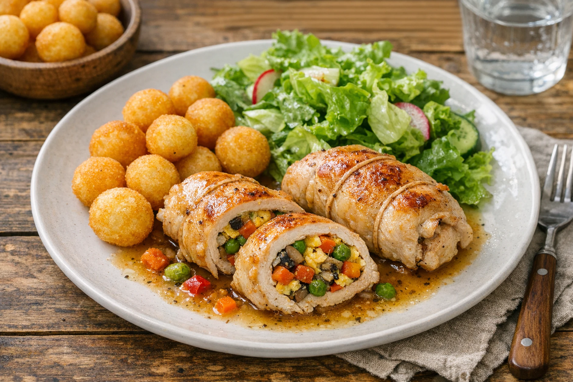 Zur gefüllten Hühnerbrust „Gärtnerin“ passen Beilagen wie Kartoffelbällchen oder Reis besonders gut. So sieht das perfekte Sommergericht aus der DDR aus!