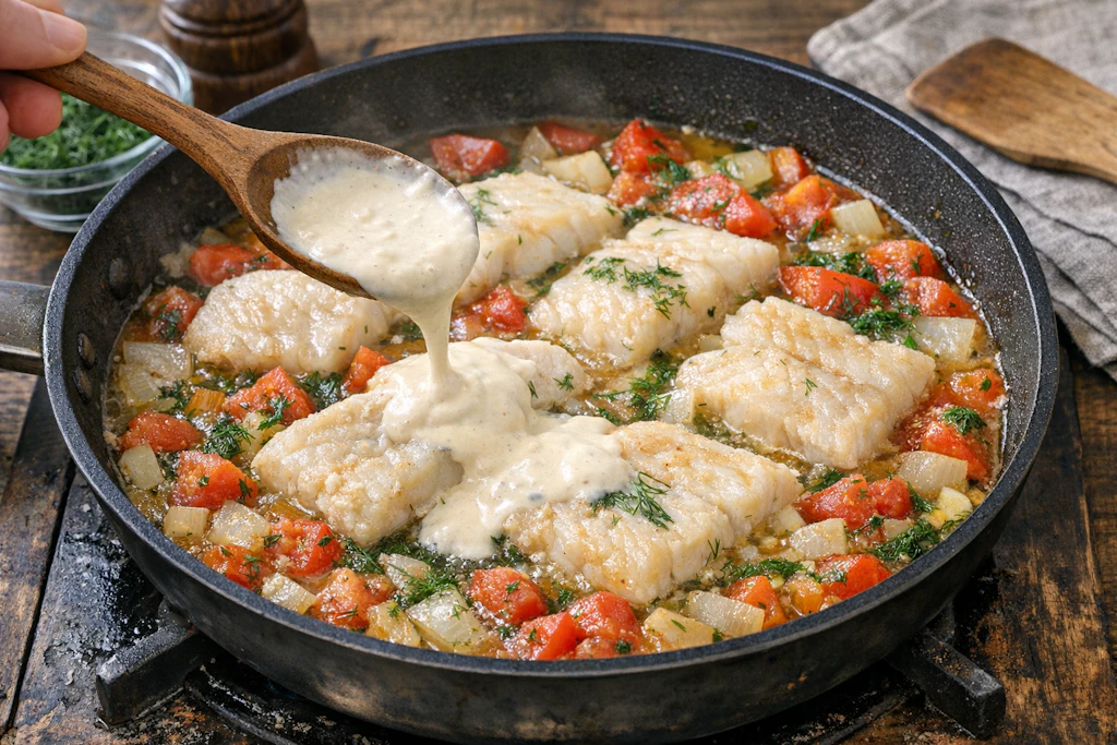 Der Rostocker Tomatenfisch von DDR-Koch Kurt Drummer wird in einer Pfanne gegart, zusammen mit einer herrlich aromatischen Mischung aus Zwiebeln und Tomaten.