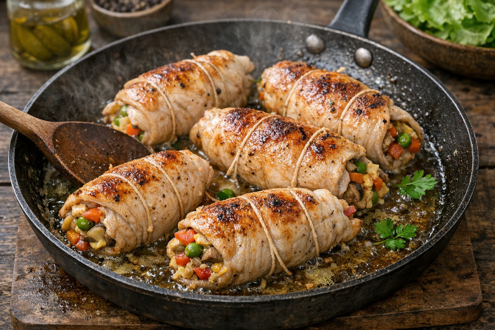 Diese gefüllte Hühnerbrust „Gärtnerin“ mit frischem Sommergemüse wird erst beim Braten in der Pfanne richtig lecker. Guten Appetit!