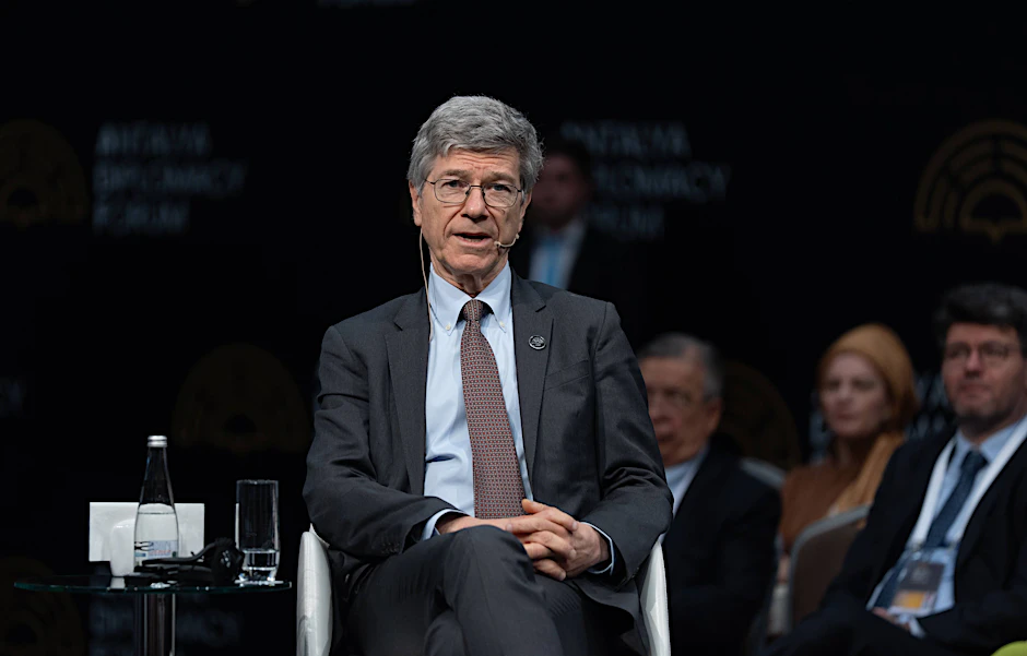 Jeffrey Sachs attends a panel discussion as part of the 4th Antalya Diplomacy Forum 2025, at the NEST Congress Center in the Belek tourism region of Antalya, Turkiye, on April 12, 2025.
