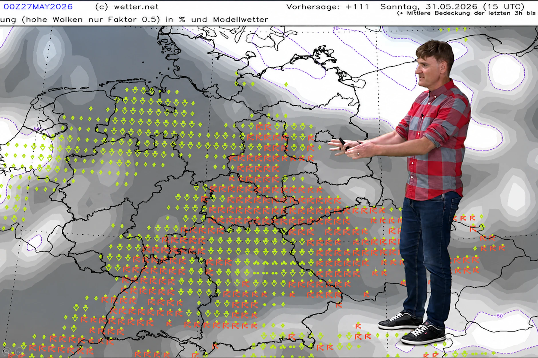 Eine Karte voller Unwetter: Am Wochenende kann es in weiten Teilen Deutschlands nach der Hitze heftig krachen. Die Front zieht vom Westen in den Osten weiter.